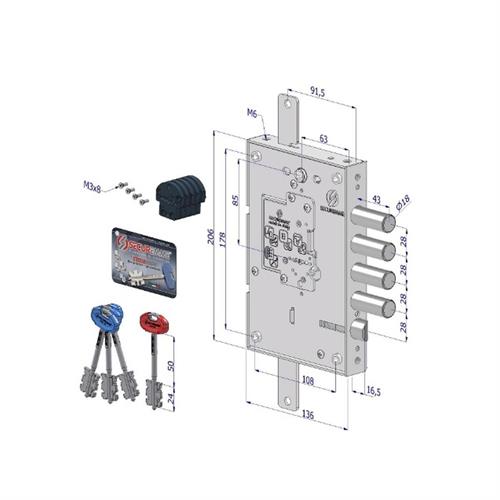 SERRATURA TRIPLICE 250 DESTRA CR S.3 INT. 28MM C/CUORE INT.