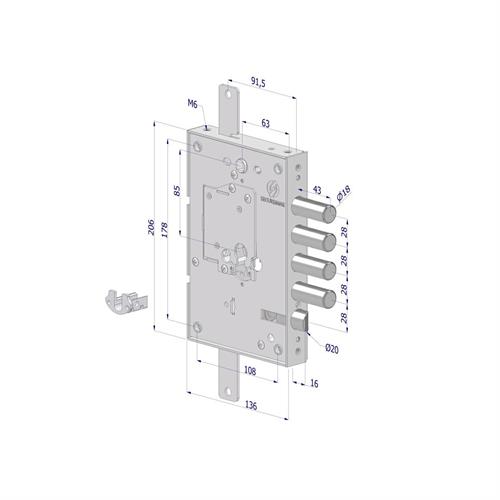 SERRATURA TRIPLICE 250 SINISTRA CR S.3 INT.28MM C/CUORE INT.